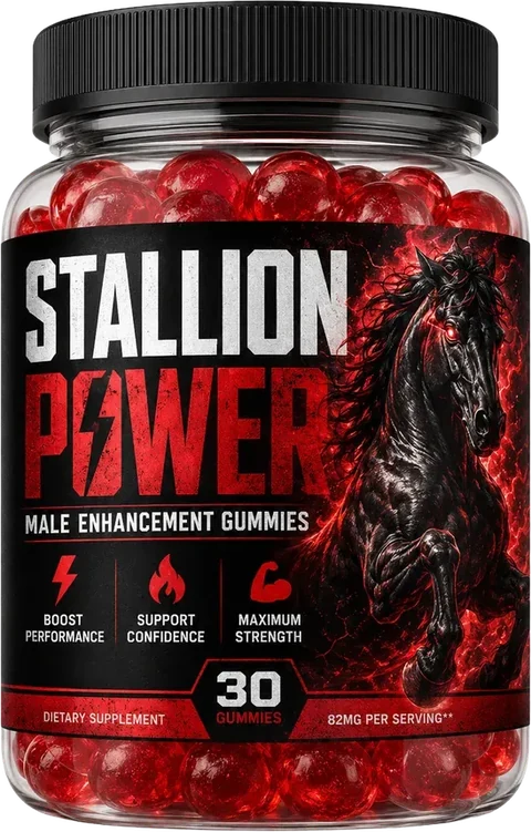 A Stallion Power bottle of red gummies with a black cap and a black label showing a rearing black horse, 30 gummies