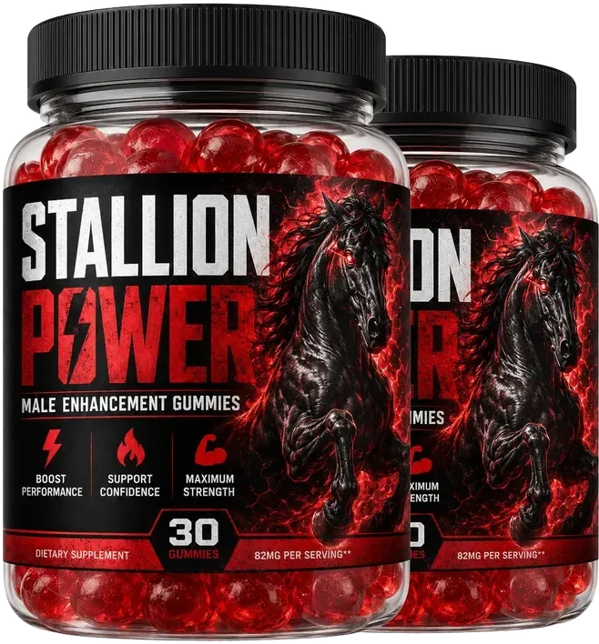 Two Stallion Power bottles of red gummies with black caps