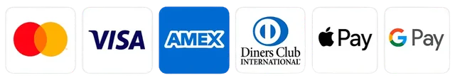 Accepted payment cards: Mastercard, Visa, American Express, Diners Club, Apple Pay and Google Pay