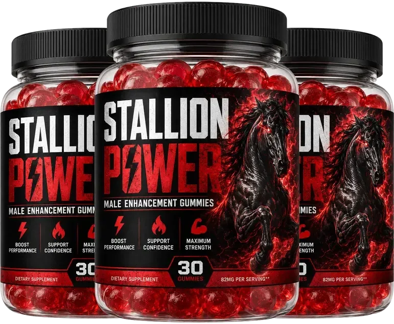 3 Stallion Power bottles of red gummies with black caps