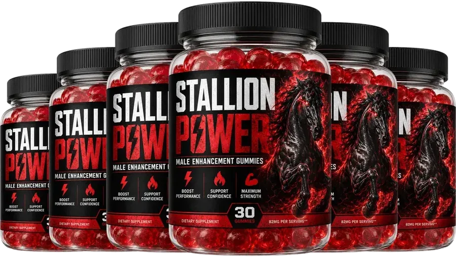 6 Stallion Power bottles of red gummies with black caps